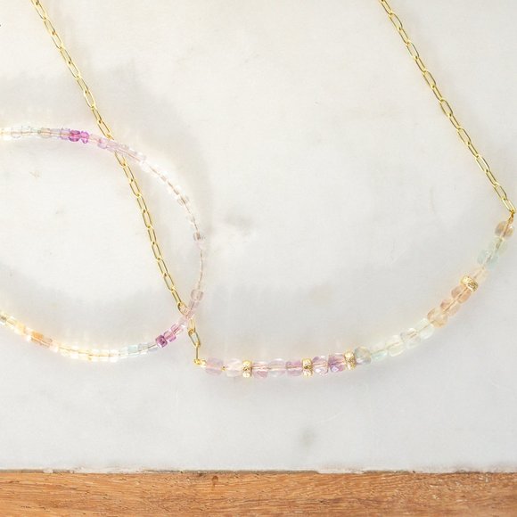 Fluorite Gemstone Necklace Lavender color healing Crystal gift Non-tarnish gold - Picture 4 of 13